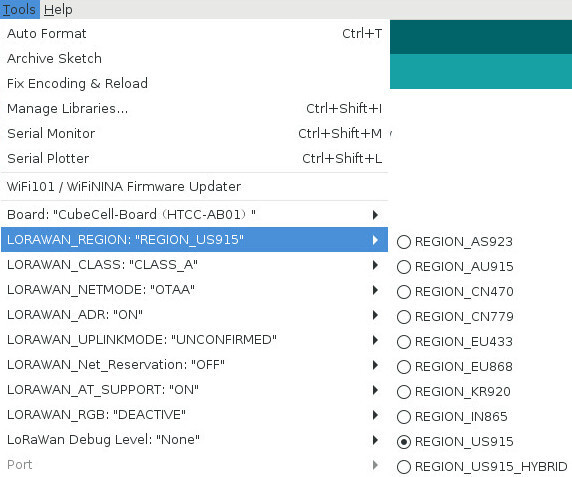 Screenshot of Arduino IDE showing menu of LoRaWAN configuration options, described below